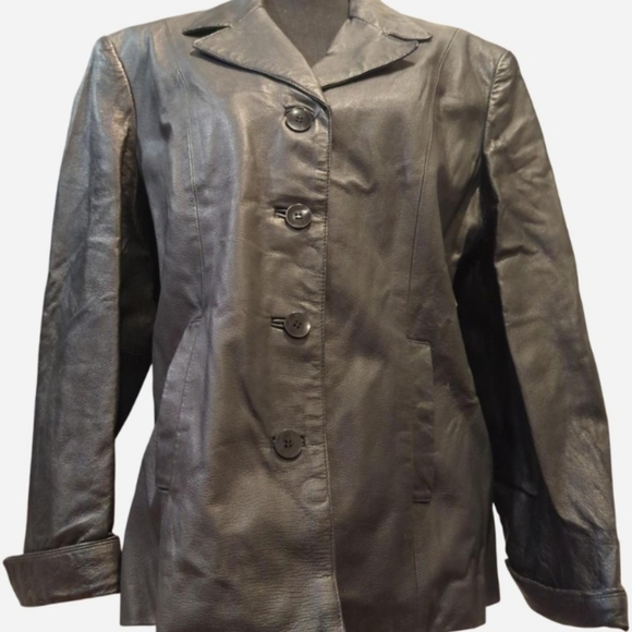 Vintage 70s Black Leather Button-Front Jacket By LobiLobi - Picture 2 of 6